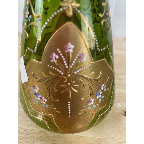 Vintage Signed Moser Art Glass Long Neck Vase Green Gold Gilt Good Condition - Picture 10 of 11